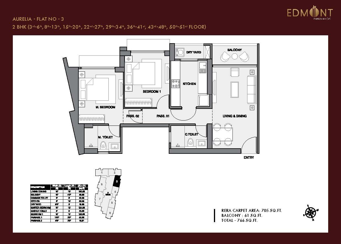 Floor Plan and Configuration of 2 bhk at Sheth Edmont, Kandivali