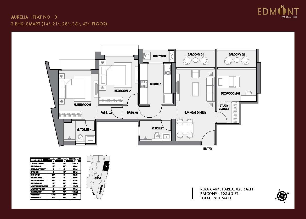 Floor Plan and Configuration of 3 bhk at Sheth Edmont, Kandivali