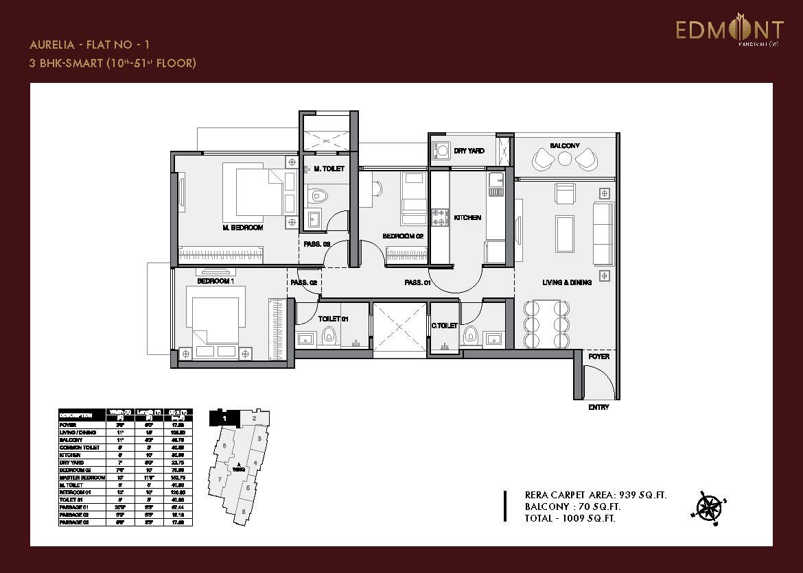 Floor Plan of 3 bhk 939 Sq Ftat Sheth Edmont, Kandivali